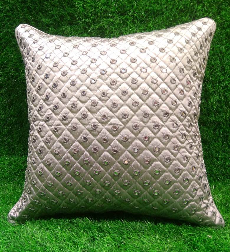 Silk Quilted Mirror Work Cushion Cover Set by HOMIEKART.