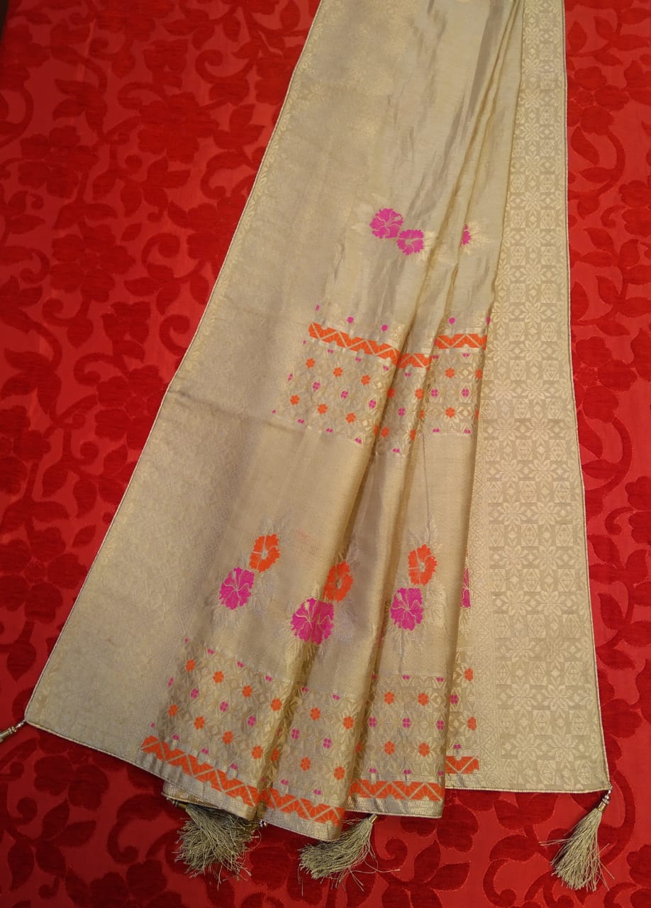 Elegant Golden Multi Floral weaved saree